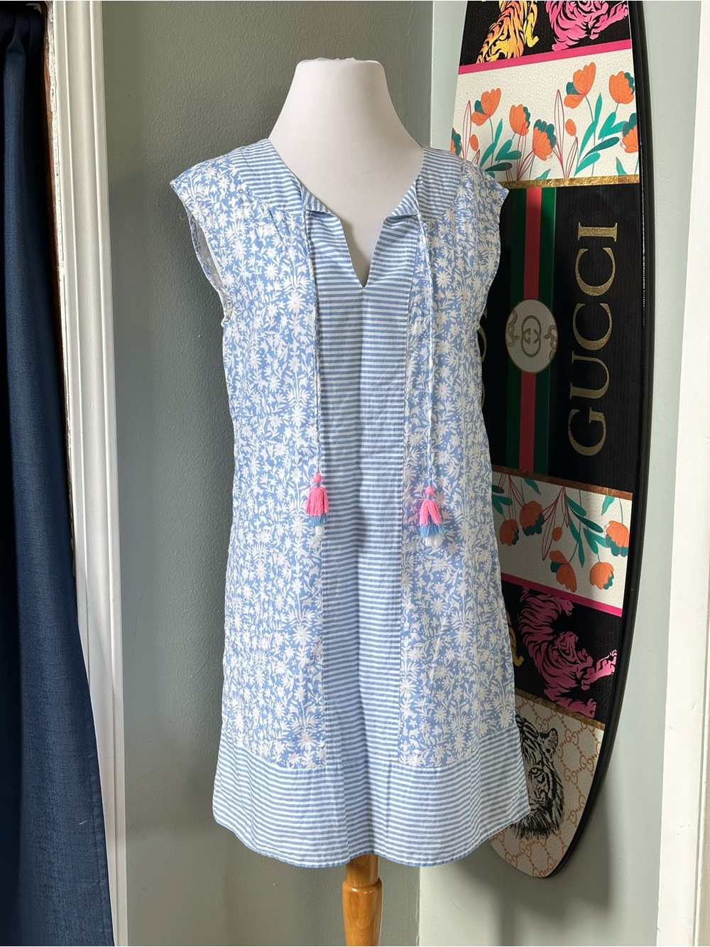 Vineyard Vines Light Floral & Stripe Tassel Tunic Dress 100% Cotton Patriotic